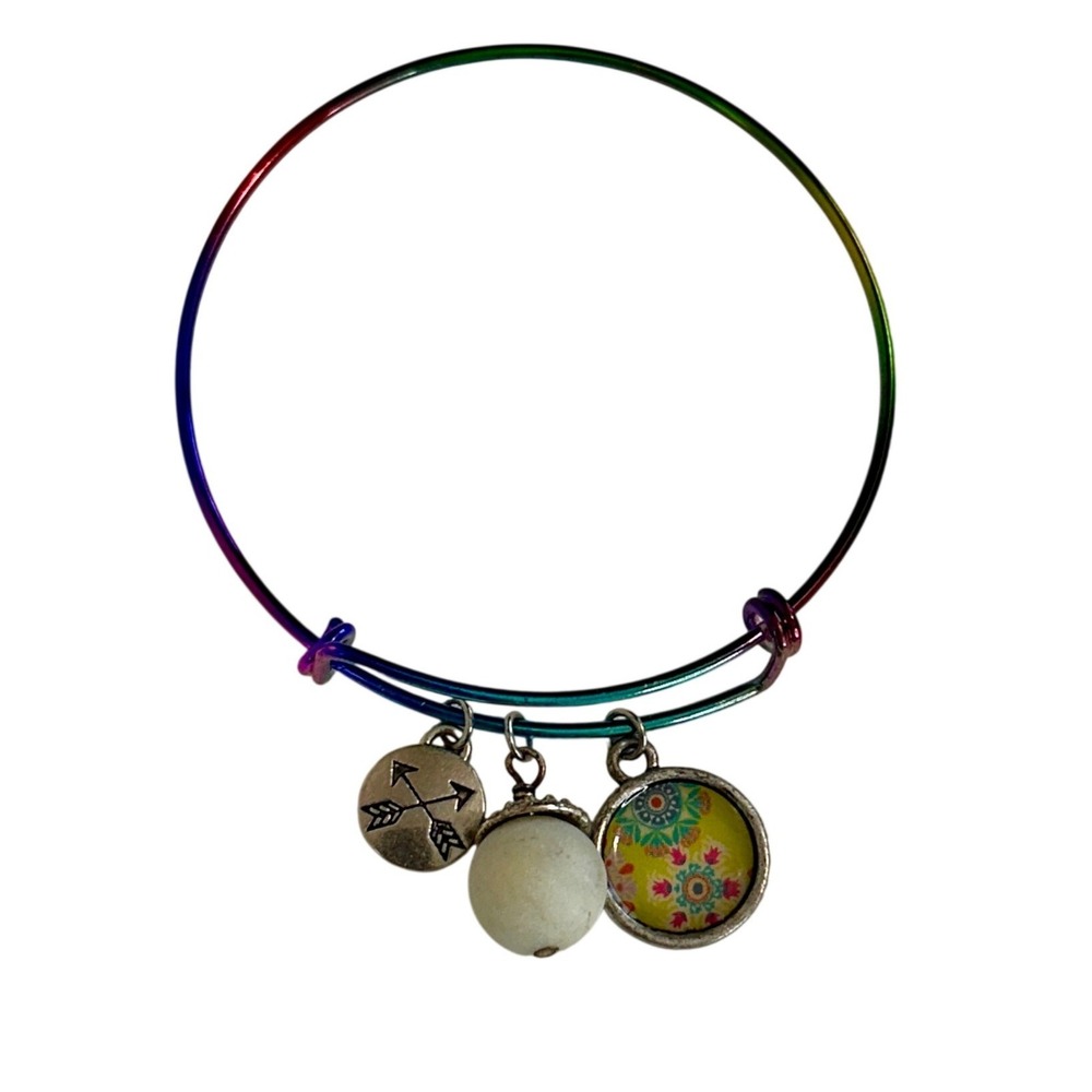 Handcrafted Rainbow Iridescent Expandable Bangle Bracelet Arrow Floral Charms‎